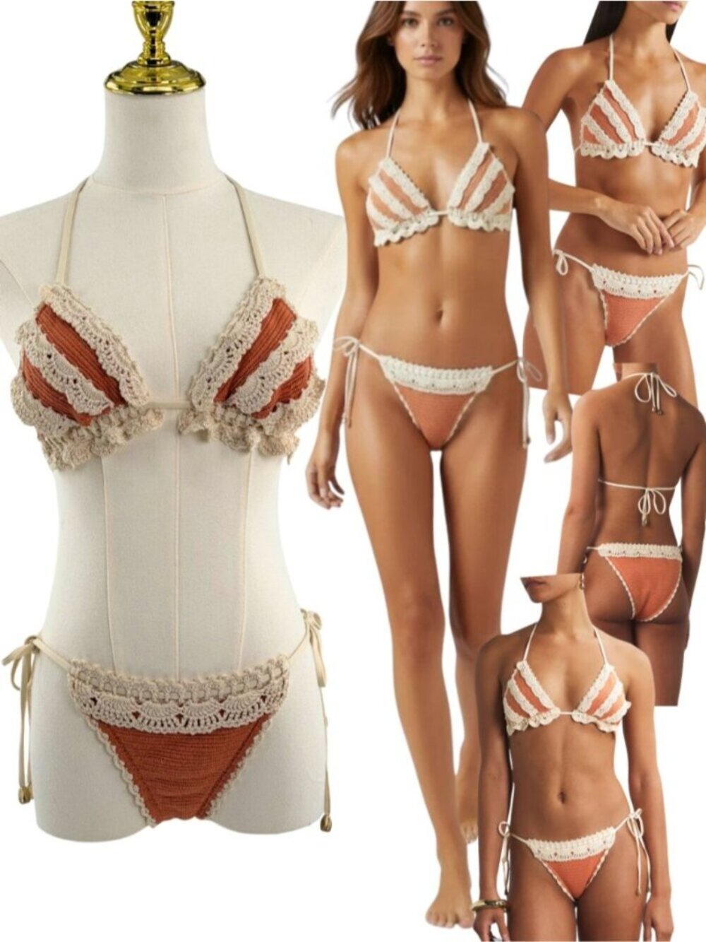 🆕 ZIMMERMANN 🧿 NWT Wylie Knit & Crochet Triangle Bikini, Coral - Sz 1 US 4 / 6